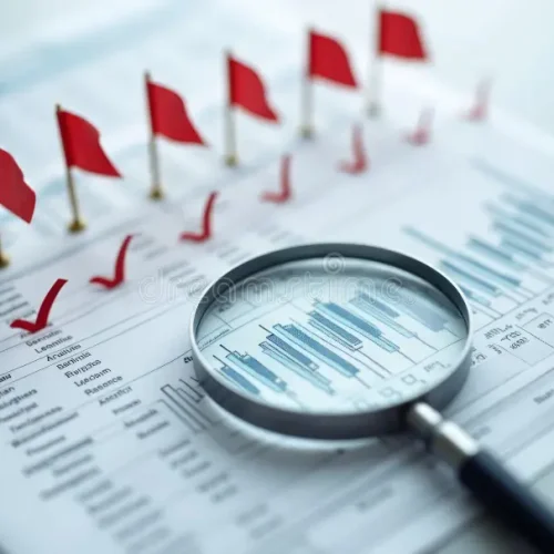 audit-processes-magnifying-glass-over-financial-statements-checkmarks-red-flags-377673708