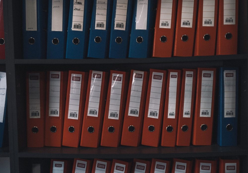 Rows of organized red and blue office files in a dimly lit shelf, showcasing document storage.